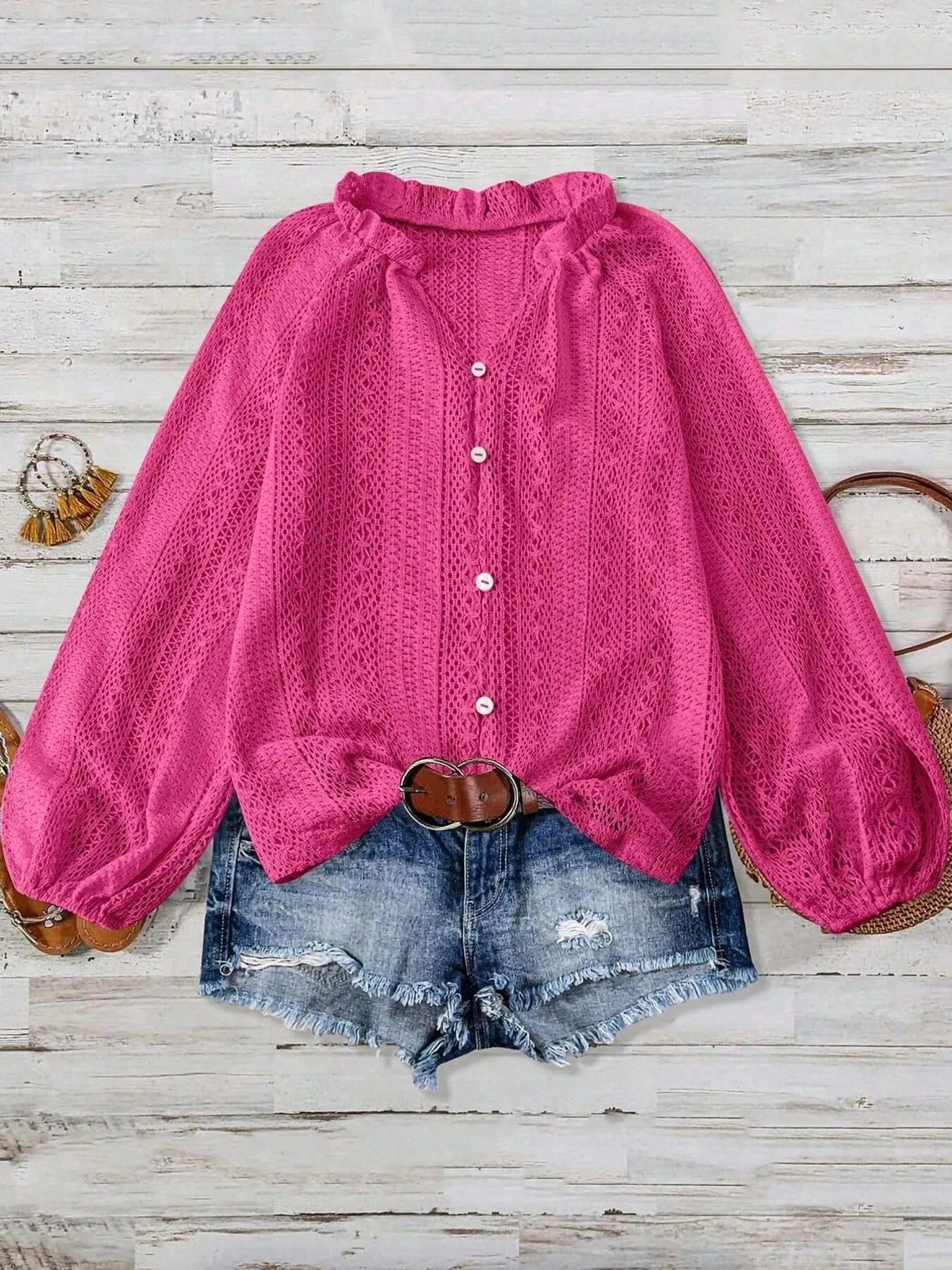 Crochet Notched Button-Front Shirt