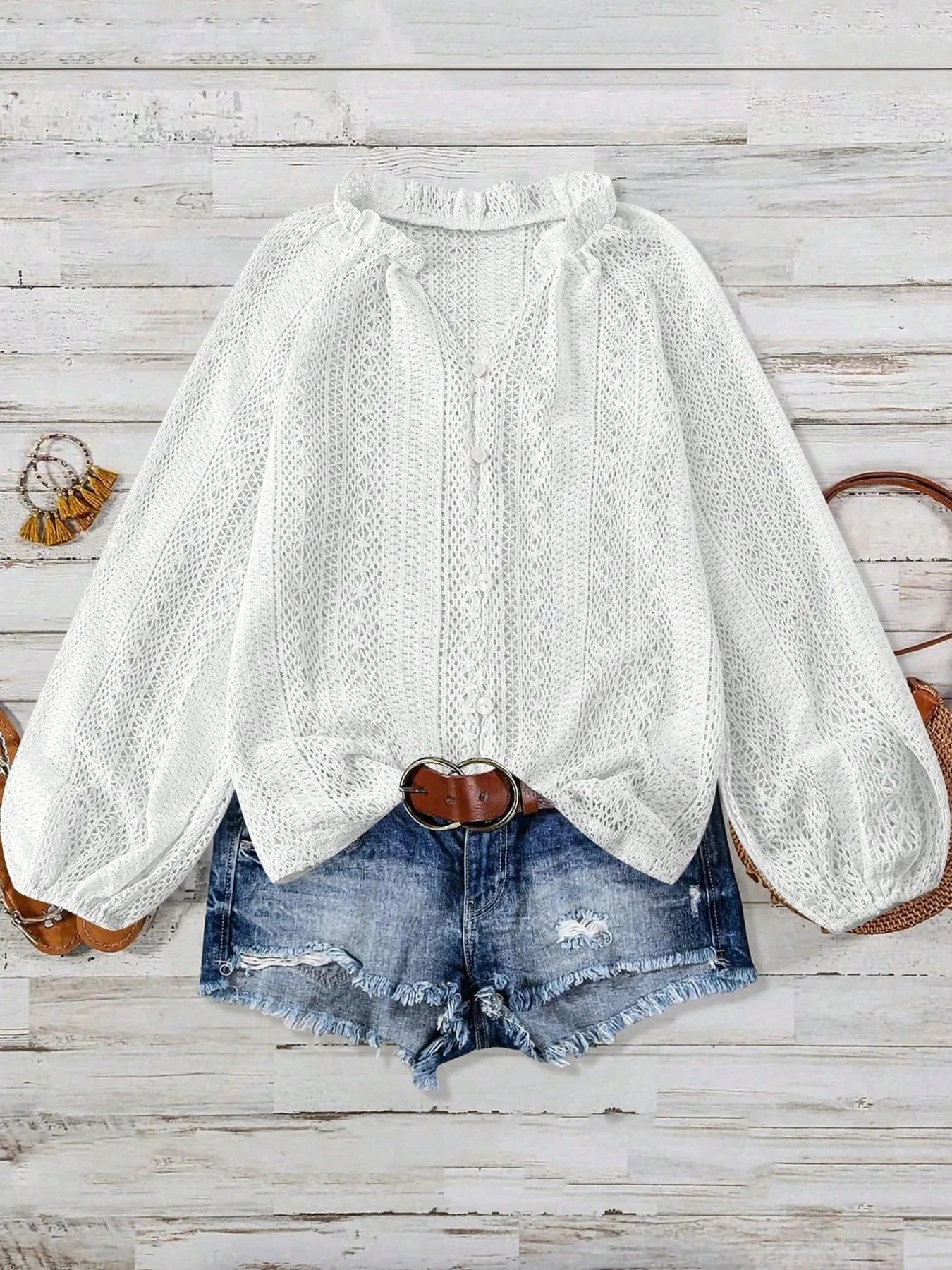 Crochet Notched Button-Front Shirt