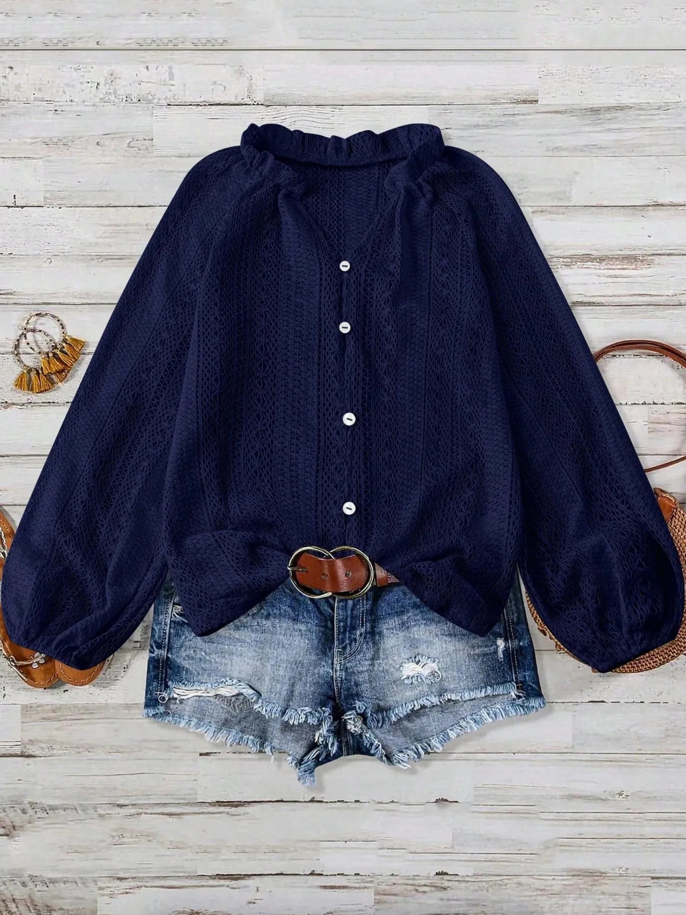 Crochet Notched Button-Front Shirt