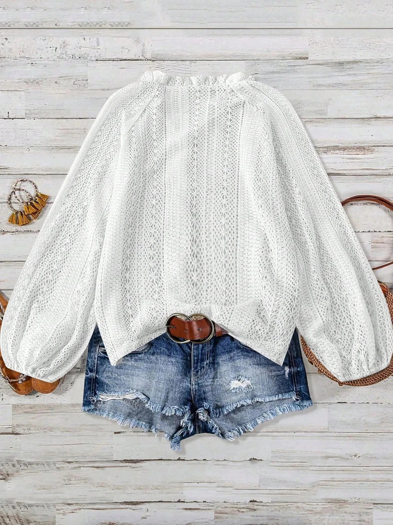 Crochet Notched Button-Front Shirt