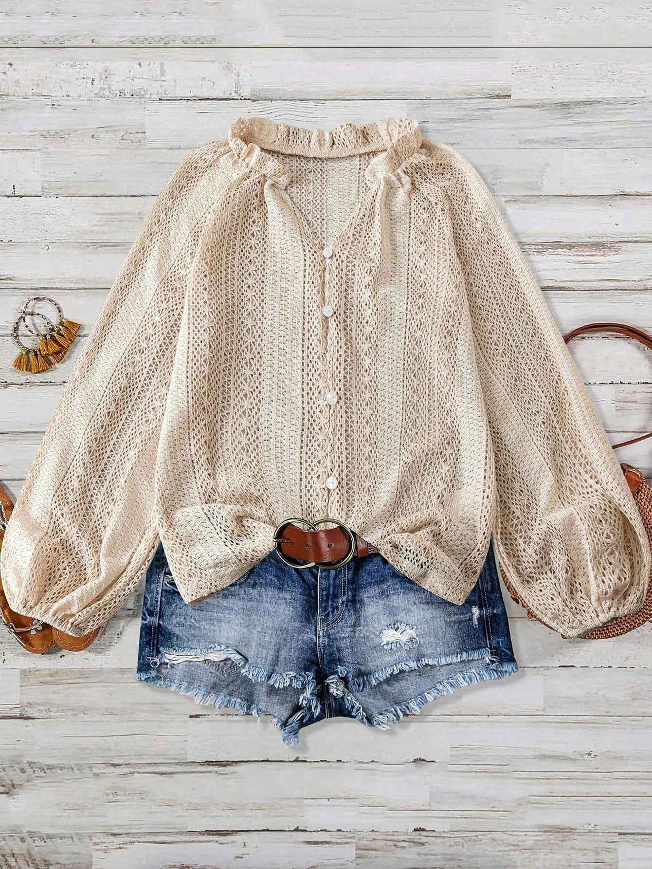 Crochet Notched Button-Front Shirt