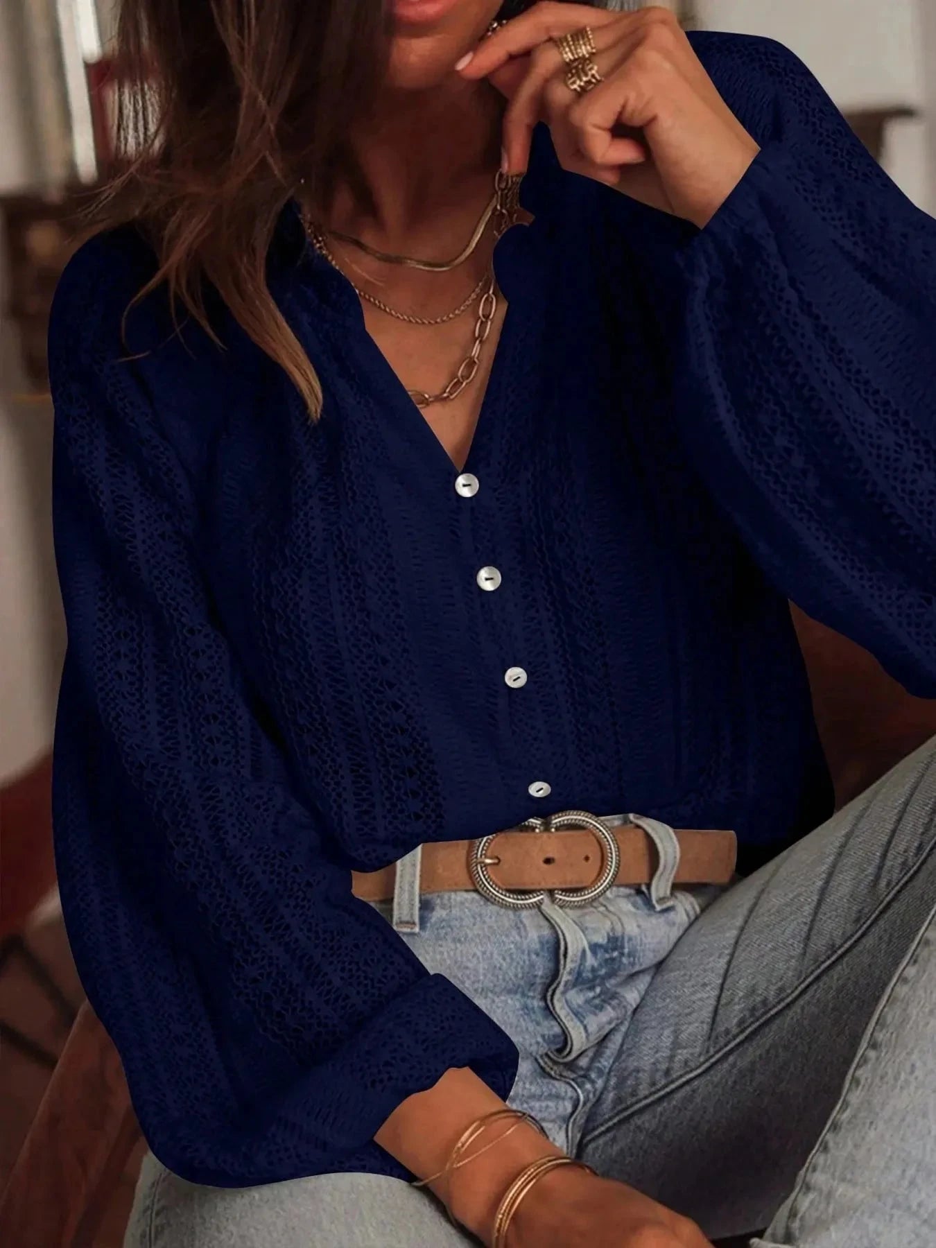 Crochet Notched Button-Front Shirt Navy Blue / S