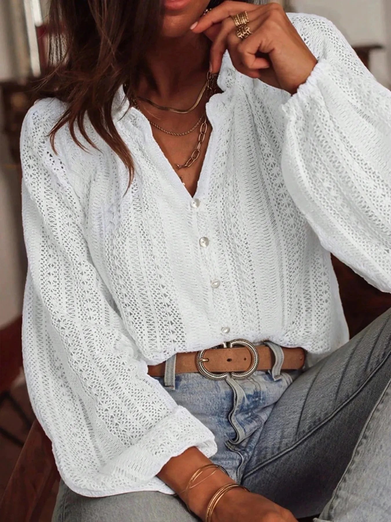 Crochet Notched Button-Front Shirt White / S