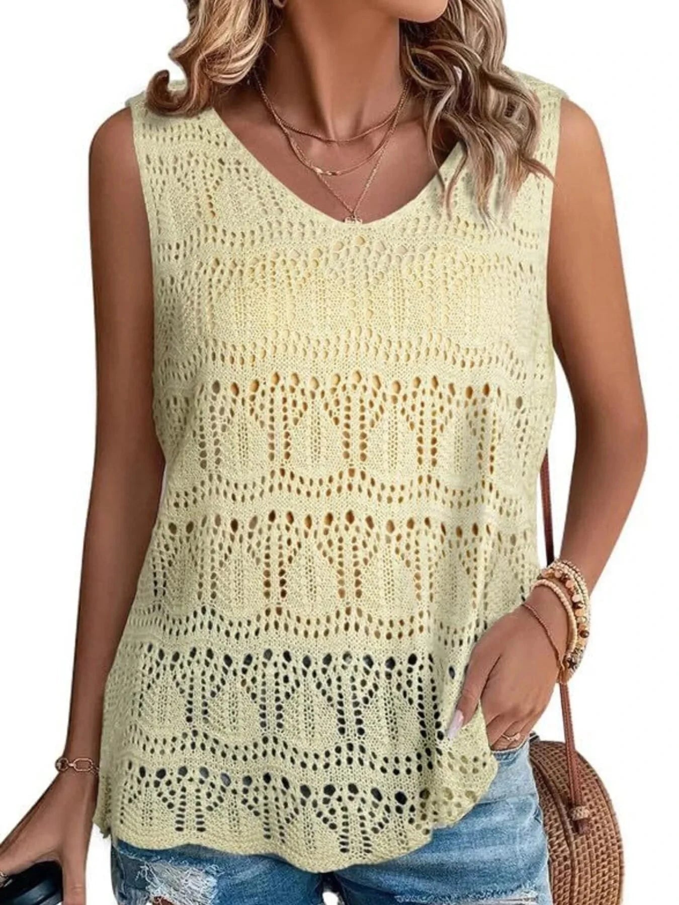 Crochet Sleeveless Sweater Vest Beige / S