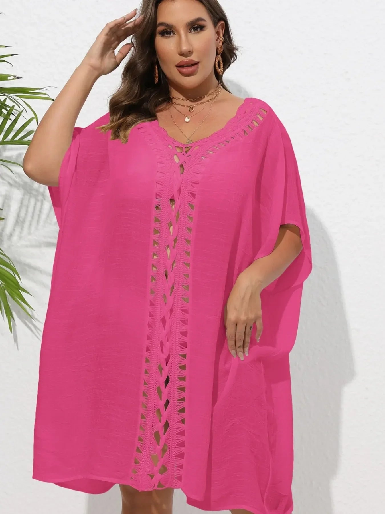 Crochet Trim V-Neck Beach Cover Up Dress