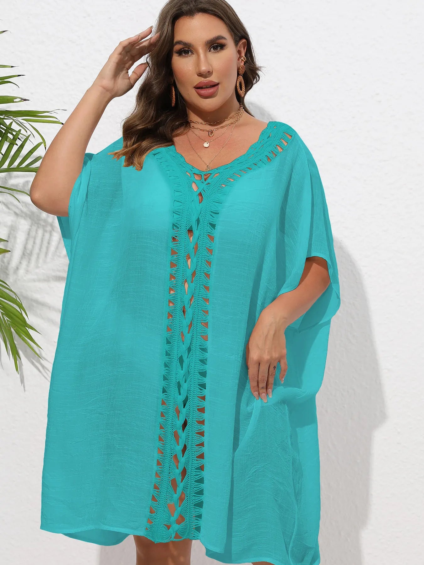 Crochet Trim V-Neck Beach Cover Up Dress Green / One Size