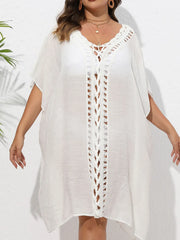 Crochet Trim V-Neck Beach Cover Up Dress White / One Size