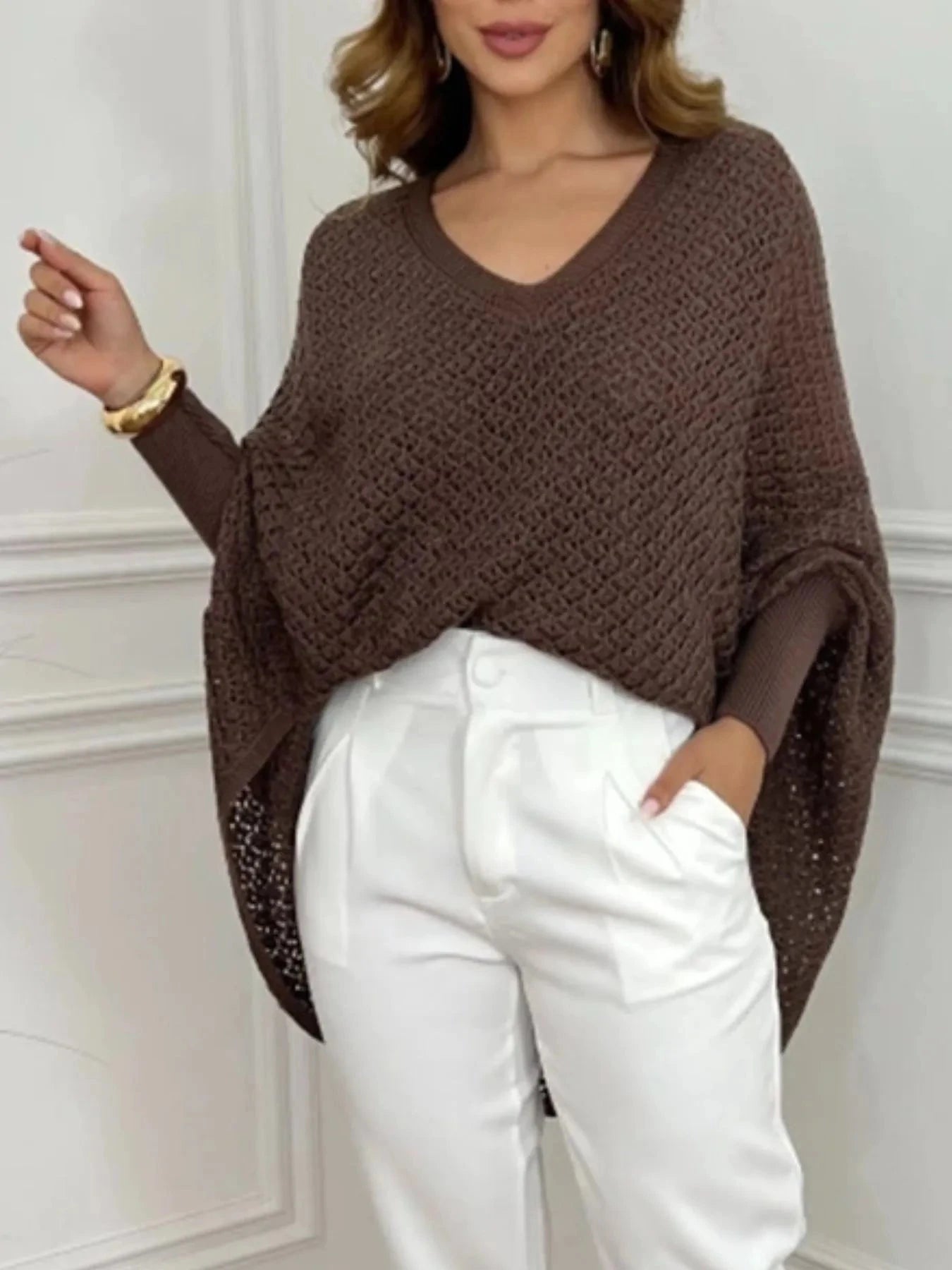 Crochet V-Neck Batwing Sleeves Oversized Sweater