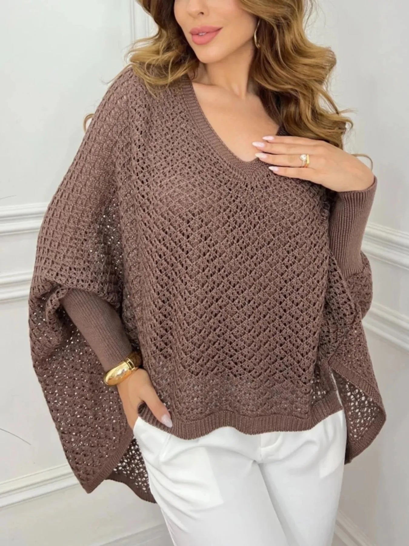 Crochet V-Neck Batwing Sleeves Oversized Sweater Coffee Brown / S/M