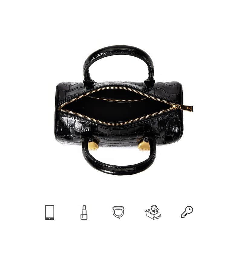Crocodile Embossed Leather Top Handle Bag Black