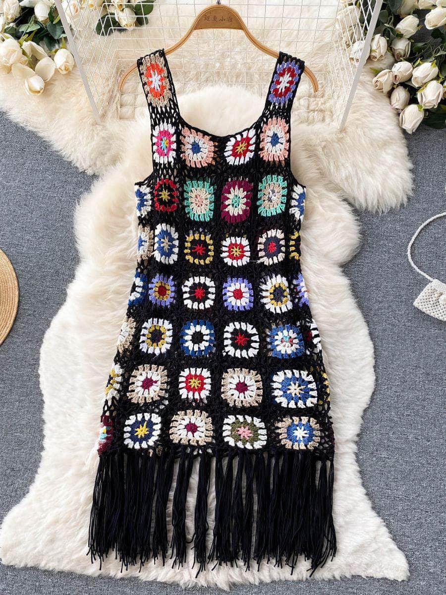Crotchet Floral Lace Tassel Cami Dress MAX SIZE / Black