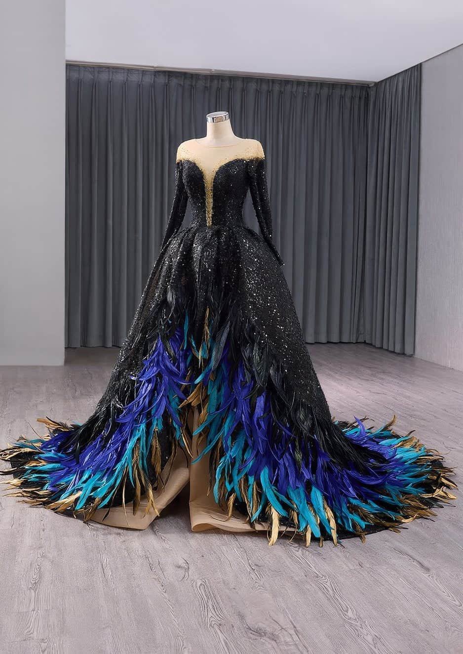Crystal Beaded Sequin Gothic Ball Feather Accented Dress - E9T2A