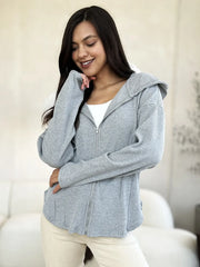 Culture Code Full Size Ribbed Zip Up Drawstring Hooded Jacket H.Grey / S