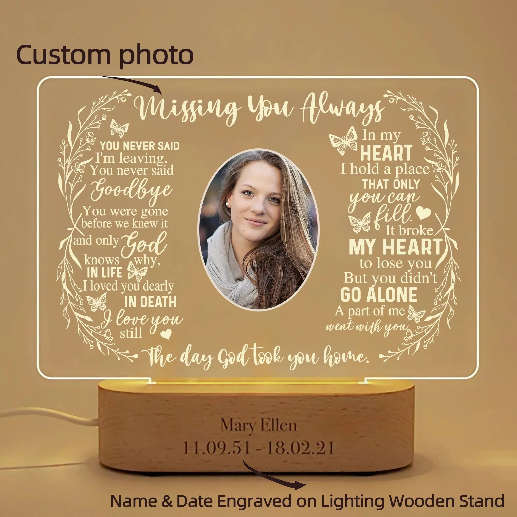 Custom Sympathy Gift: Light-Up Picture Frame with Personalized Photo and Memorial Plaque Warm Light / Style 1
