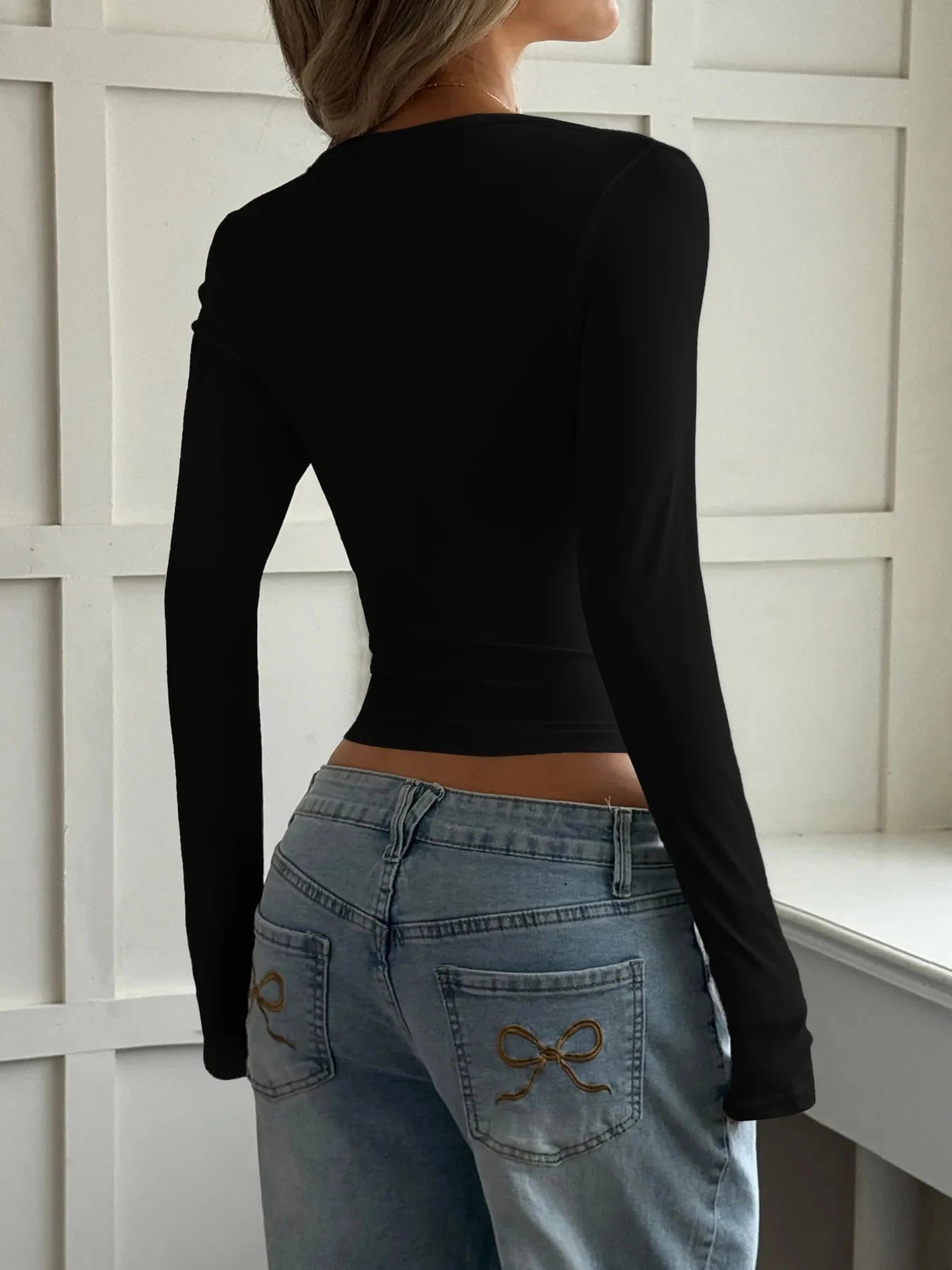 Cut-Out Long Sleeve Crop T-Shirt