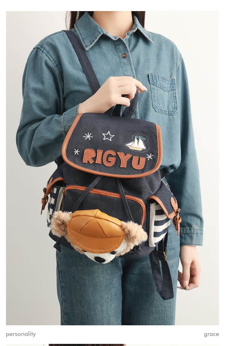 Cute Blue and White Striped Duffy Plush Face Pocket Embroidered Schoolbag Blue