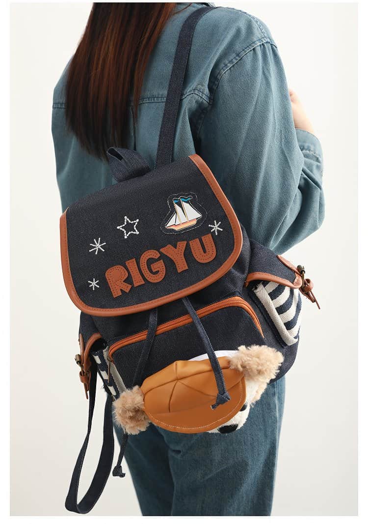 Cute Blue and White Striped Duffy Plush Face Pocket Embroidered Schoolbag Blue