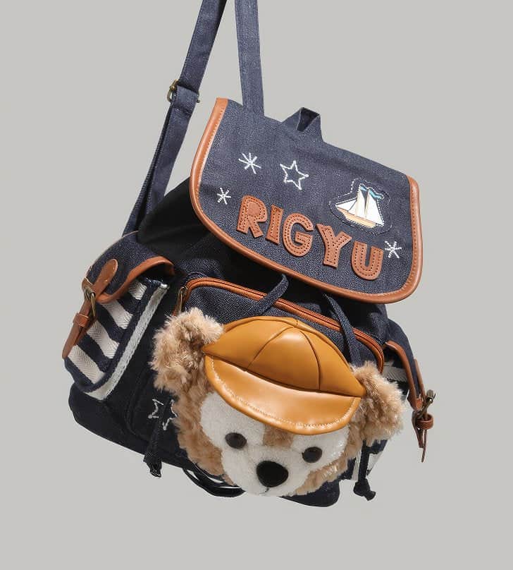 Cute Blue and White Striped Duffy Plush Face Pocket Embroidered Schoolbag Blue