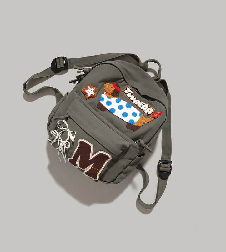 Cute Grey Patchwork Schoolbag with Dachshund Dog and Letter M Appliques