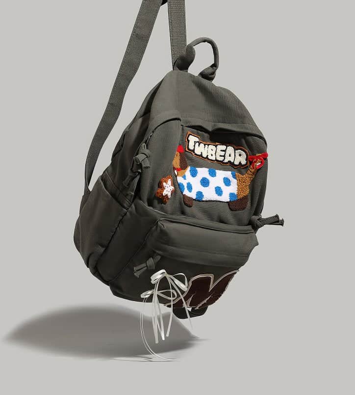 Cute Grey Patchwork Schoolbag with Dachshund Dog and Letter M Appliques