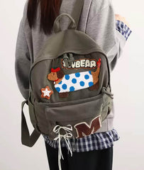 Cute Grey Patchwork Schoolbag with Dachshund Dog and Letter M Appliques