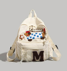 Cute Grey Patchwork Schoolbag with Dachshund Dog and Letter M Appliques White