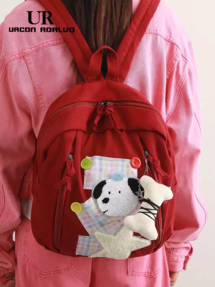 Cute Red Patchwork Schoolbag with Dog and Star Appliques