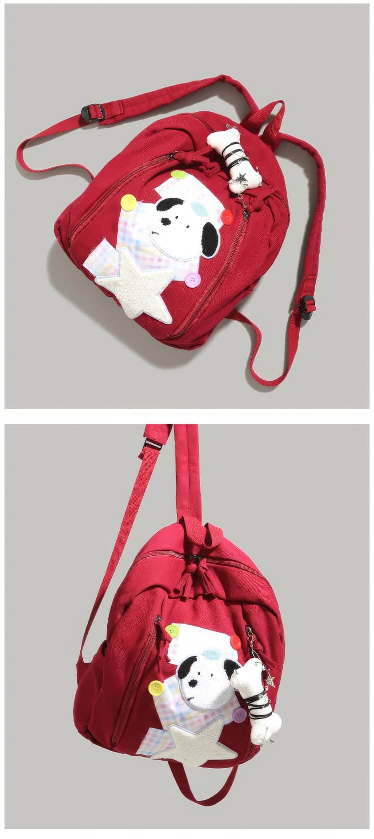 Cute Red Patchwork Schoolbag with Dog and Star Appliques