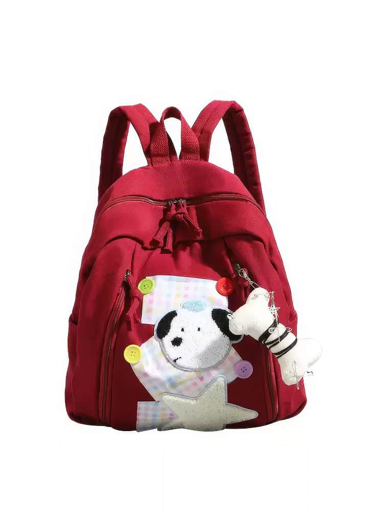 Cute Red Patchwork Schoolbag with Dog and Star Appliques