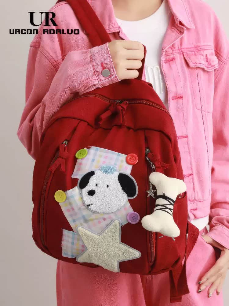 Cute Red Patchwork Schoolbag with Dog and Star Appliques