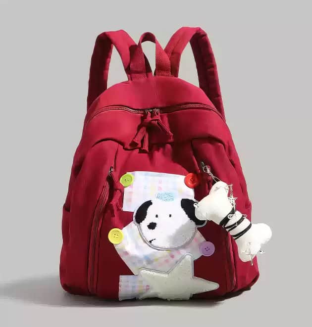 Cute Red Patchwork Schoolbag with Dog and Star Appliques Red