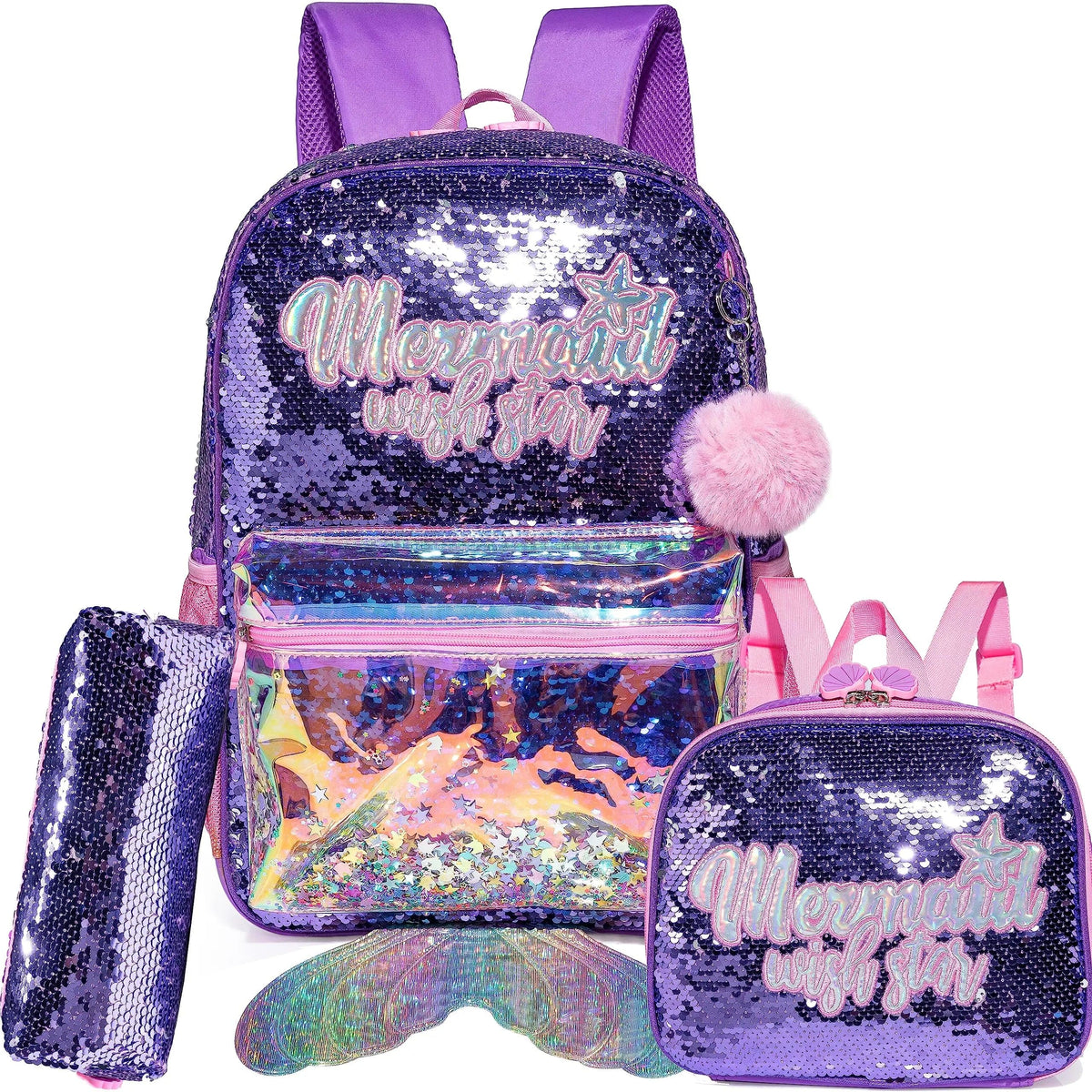 Cute Sequin Backpack Set for Girls zhupianlitimermaid