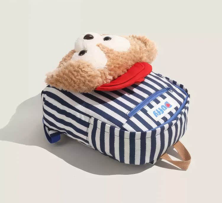 Cute Striped Duffy Plush Face Pocket Schoolbag with Red Beret Blue