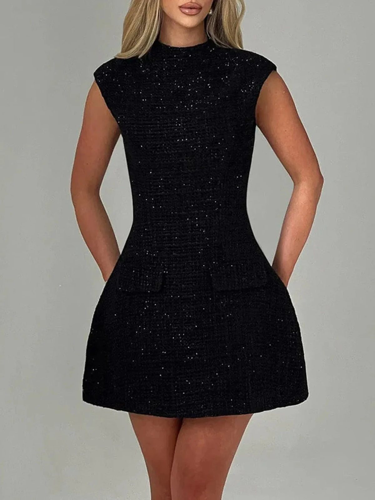Cutout Back Round Neck Cap Sleeve Mini Dress Black / S