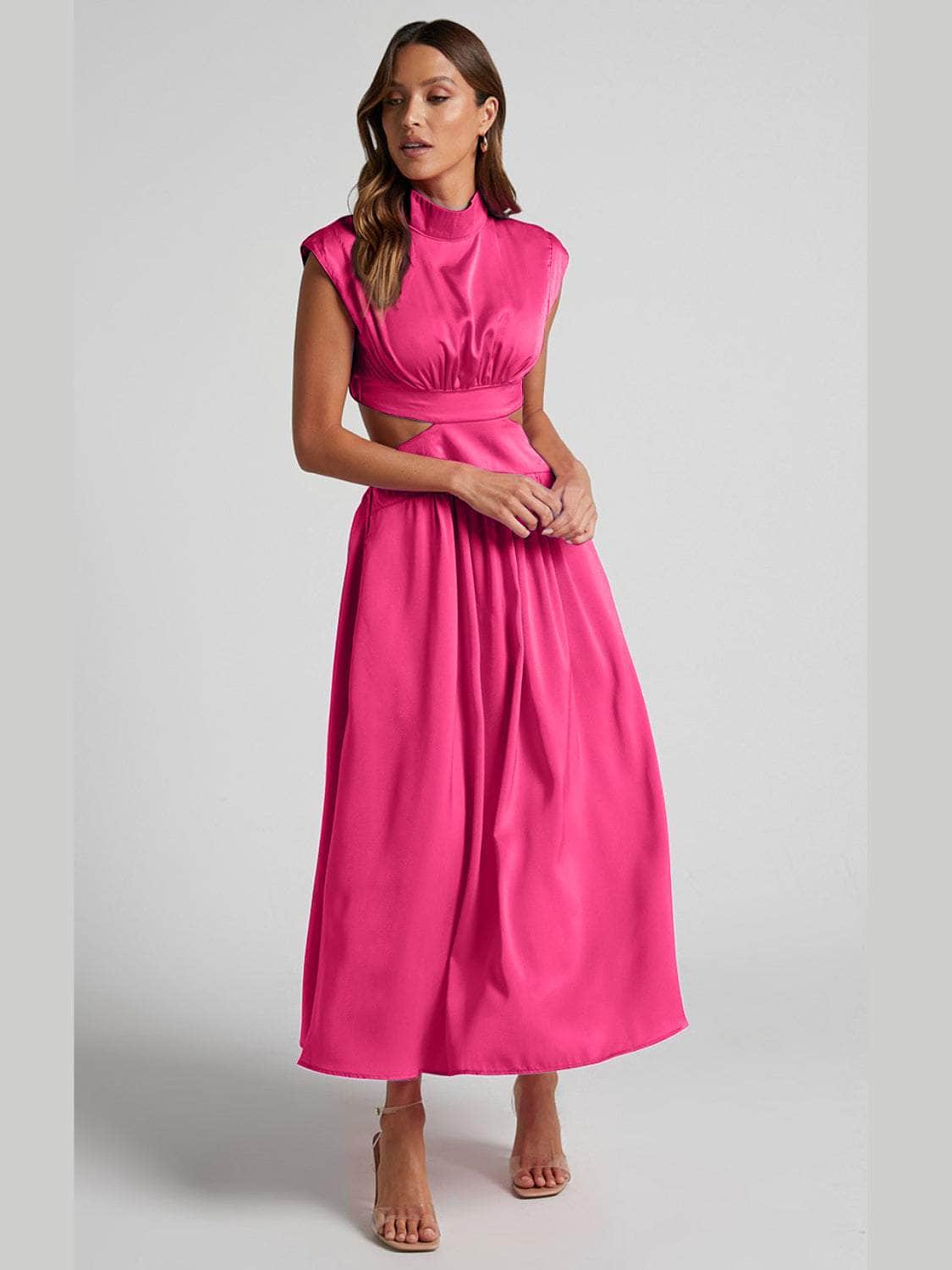 Cutout Mock Neck Sleeveless Ruched Dress Deep Rose / S