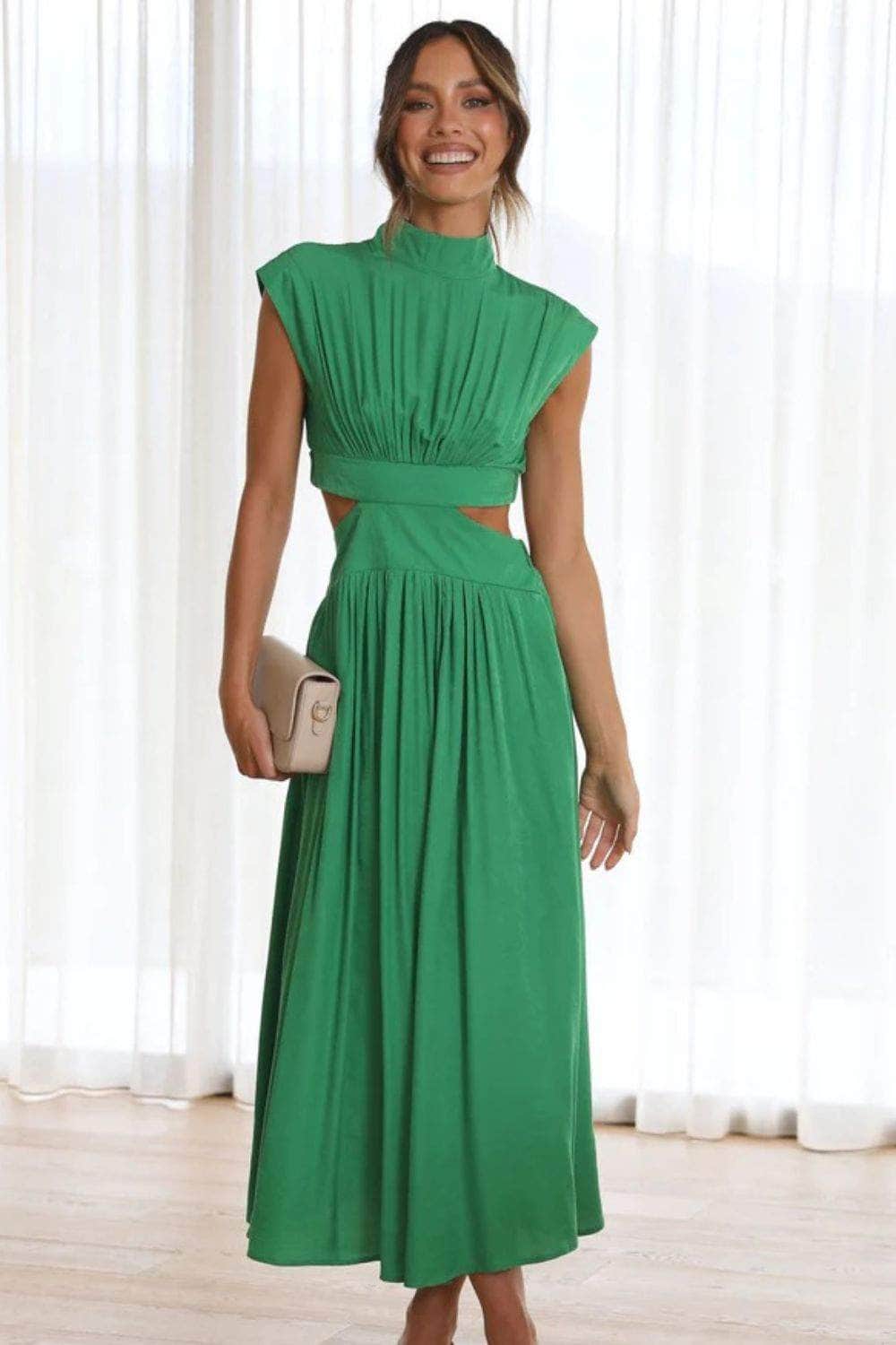 Cutout Mock Neck Sleeveless Ruched Dress Mid Green / S