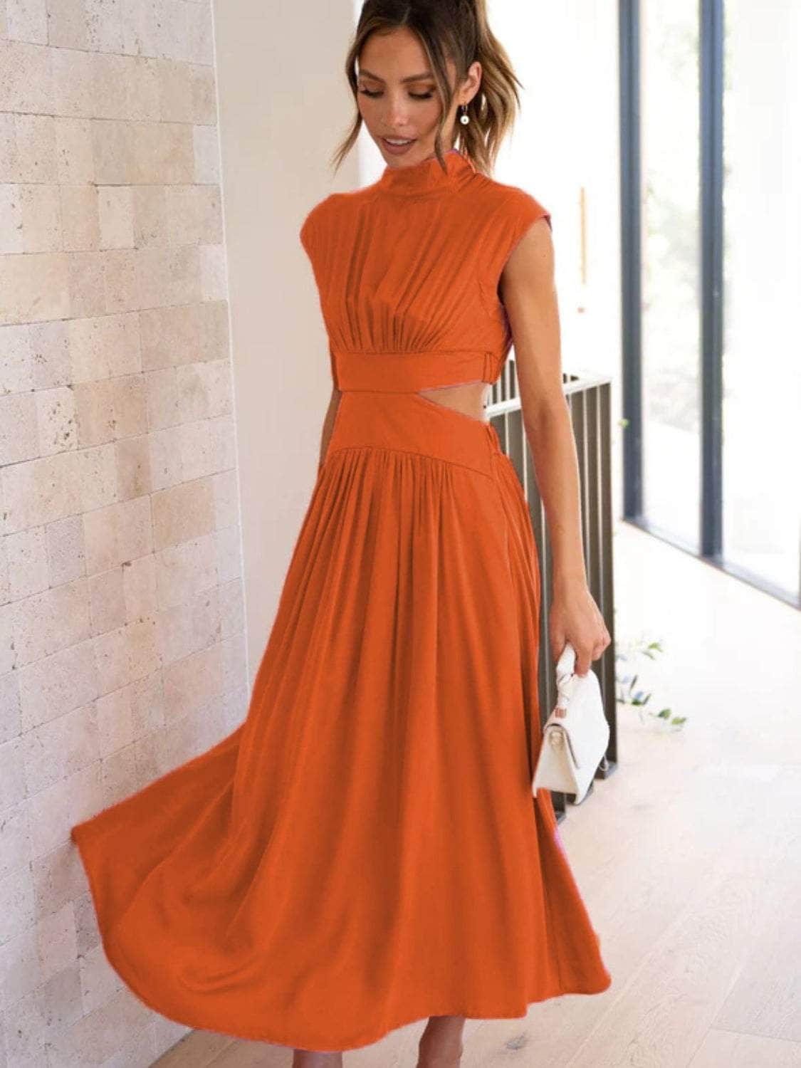Cutout Mock Neck Sleeveless Ruched Dress Red Orange / S