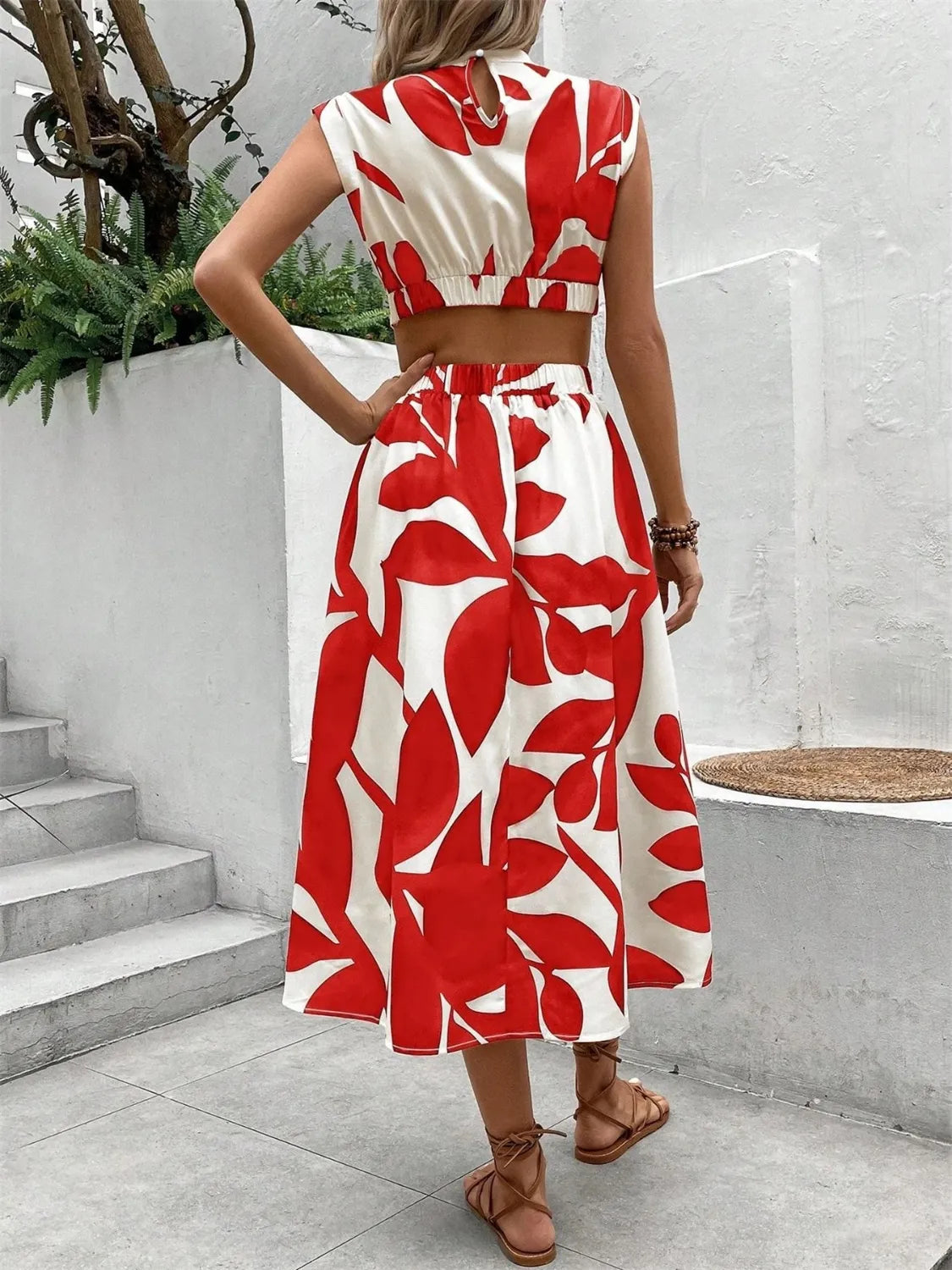 Cutout Printed Cap Sleeve Midi Dress