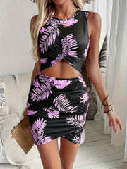 Cutout Printed Round Neck Sleeveless Mini Dress Lavender / S