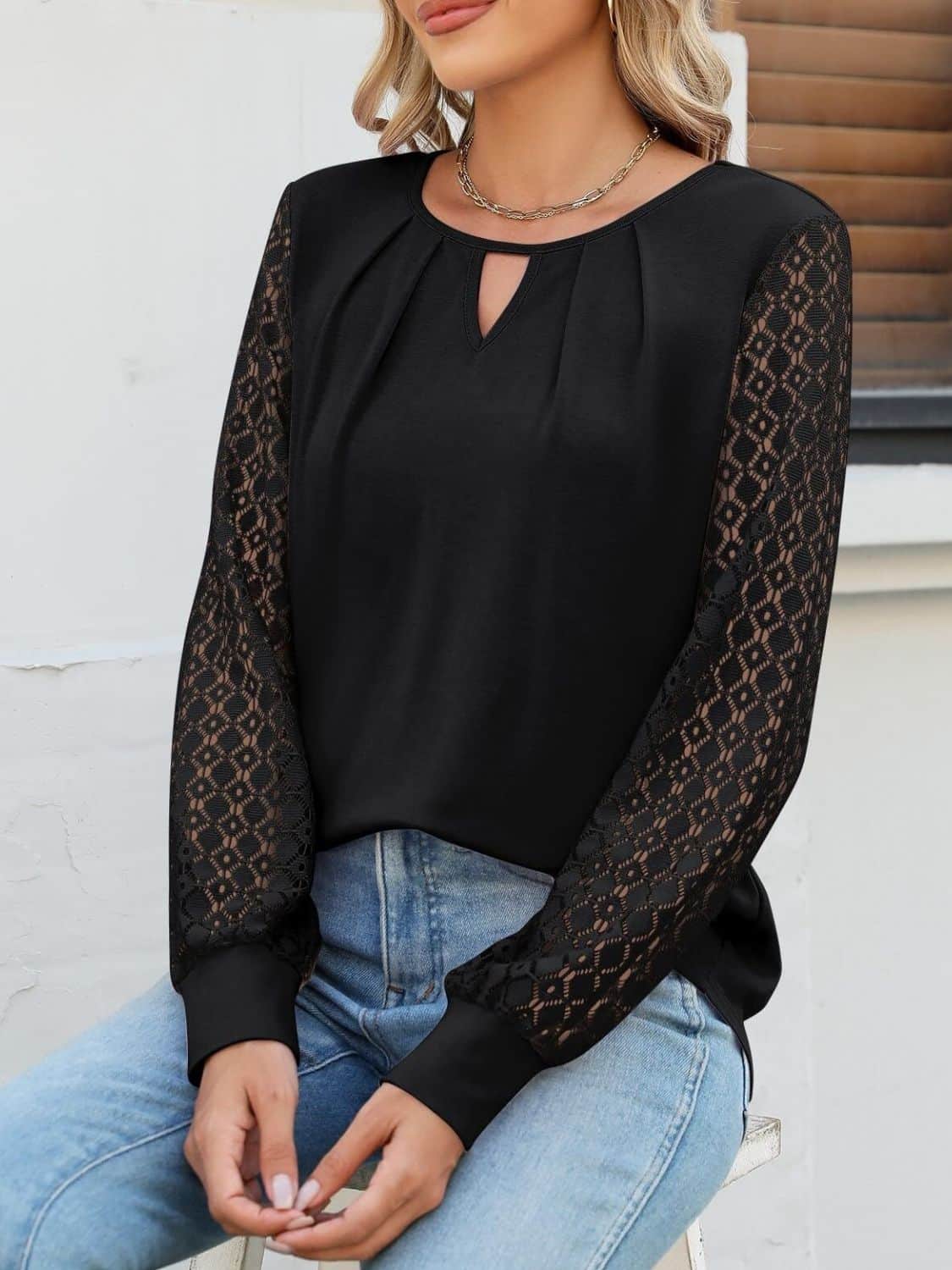 Cutout Round Neck Lace Long Sleeve Blouse Black / S