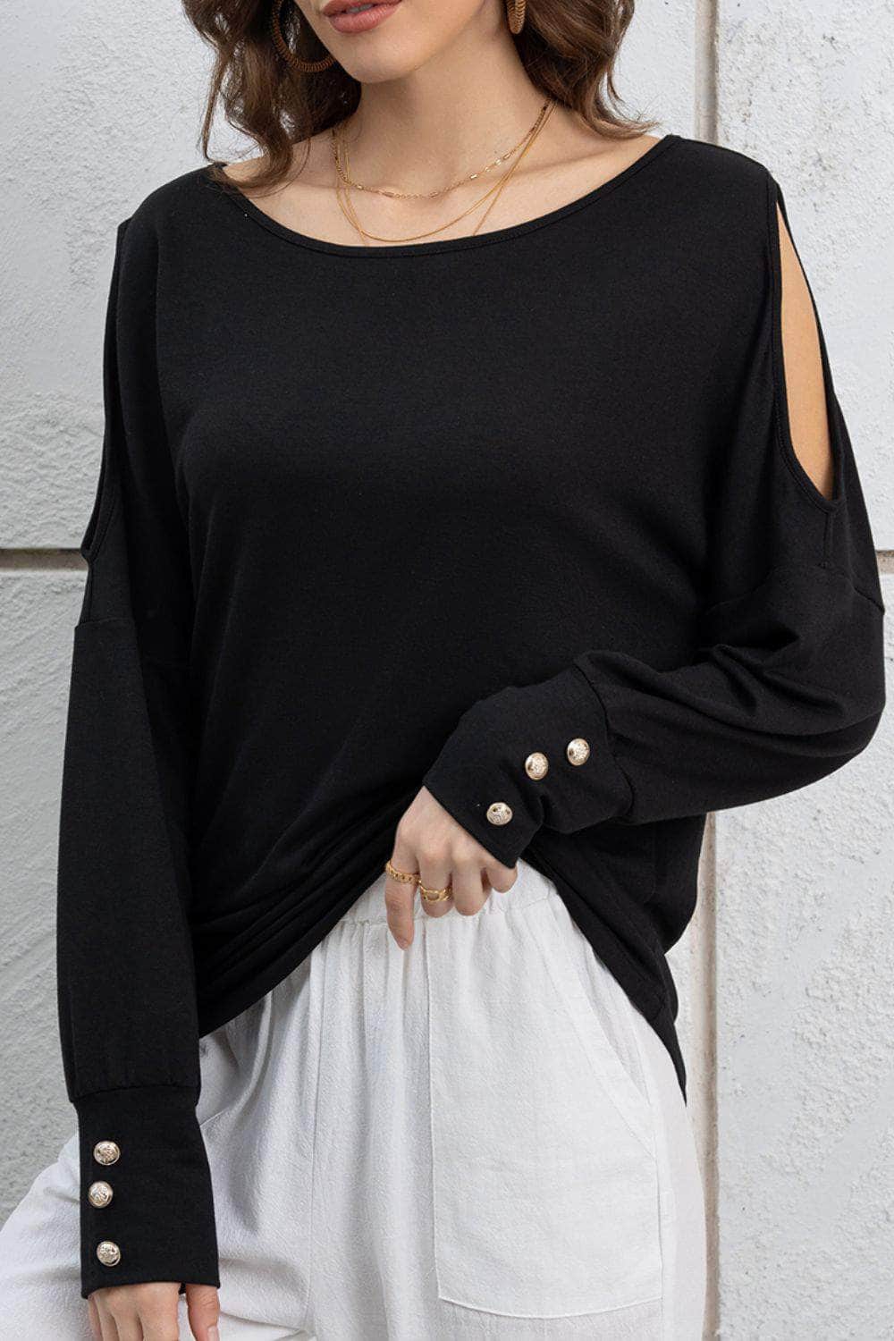 Cutout Round Neck Long Sleeve Top Black / M