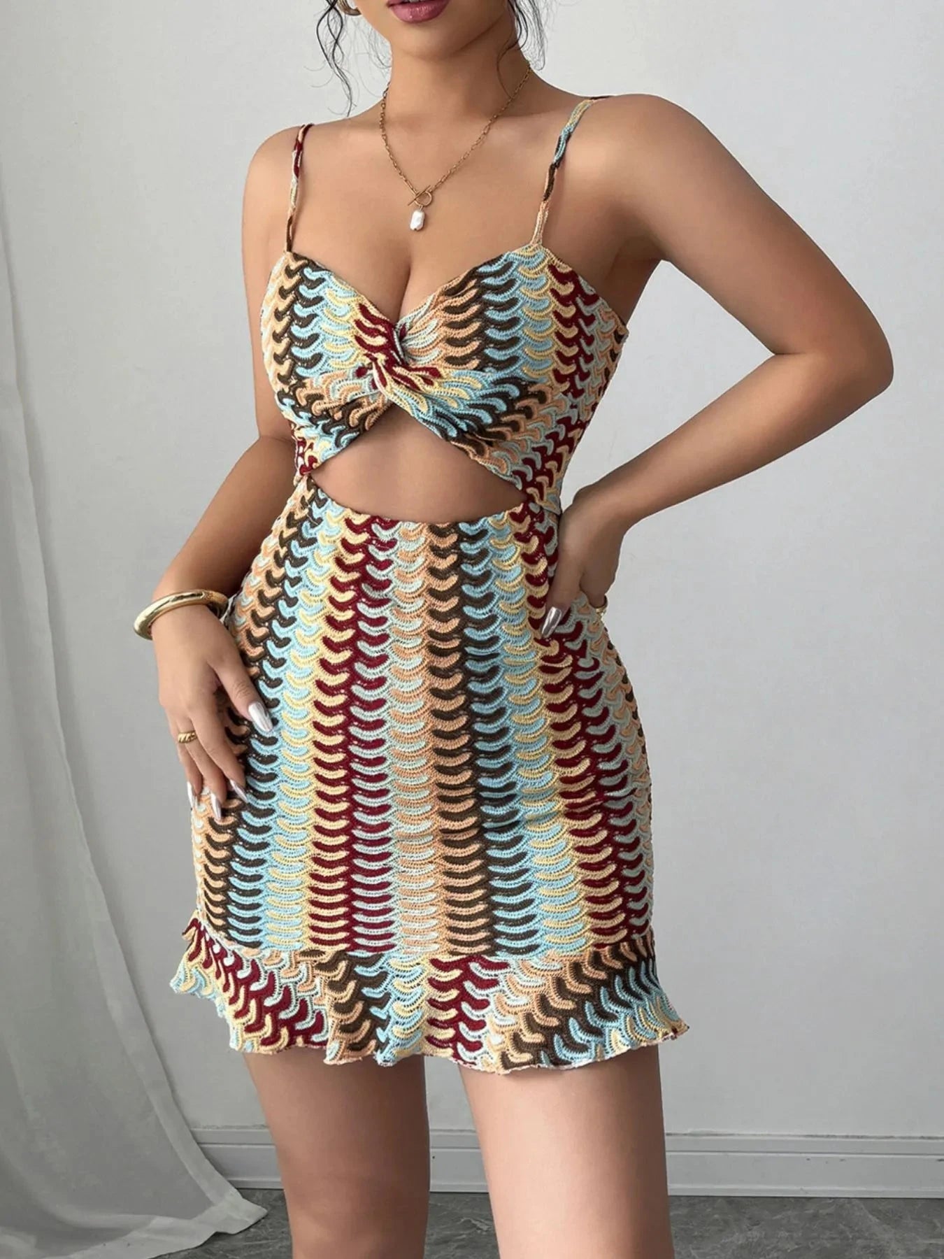 Cutout Ruffled Hem Cami Dress Multicolor / S