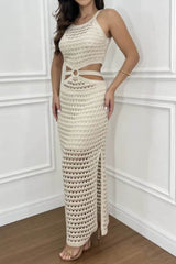 Cutout Slit Round Neck Sweater Dress Beige / S