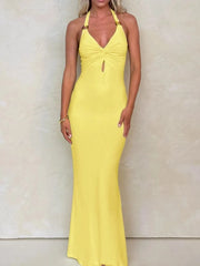 Cutout Twisted Halter Neck Maxi Dress Yellow / S