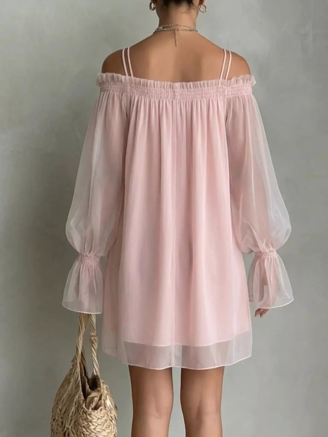 Back view of a dusty pink off shoulder mini dress with sheer sleeves and smocked neckline