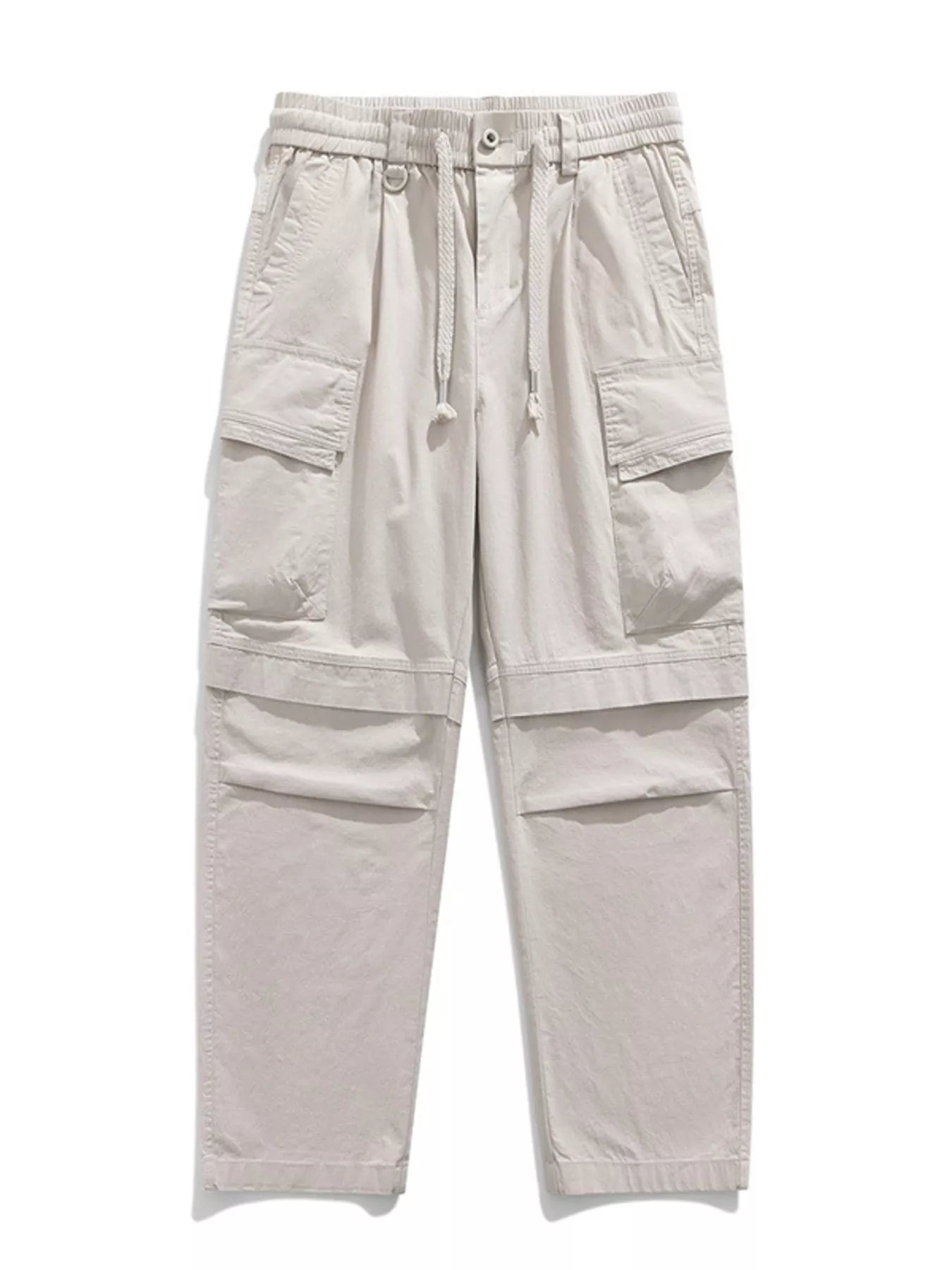 Men's relaxed fit cargo pants with a drawstring waist and pockets.