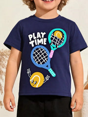 Children's dark navy crew-neck T-shirt featuring a Play Time tennis graphic.