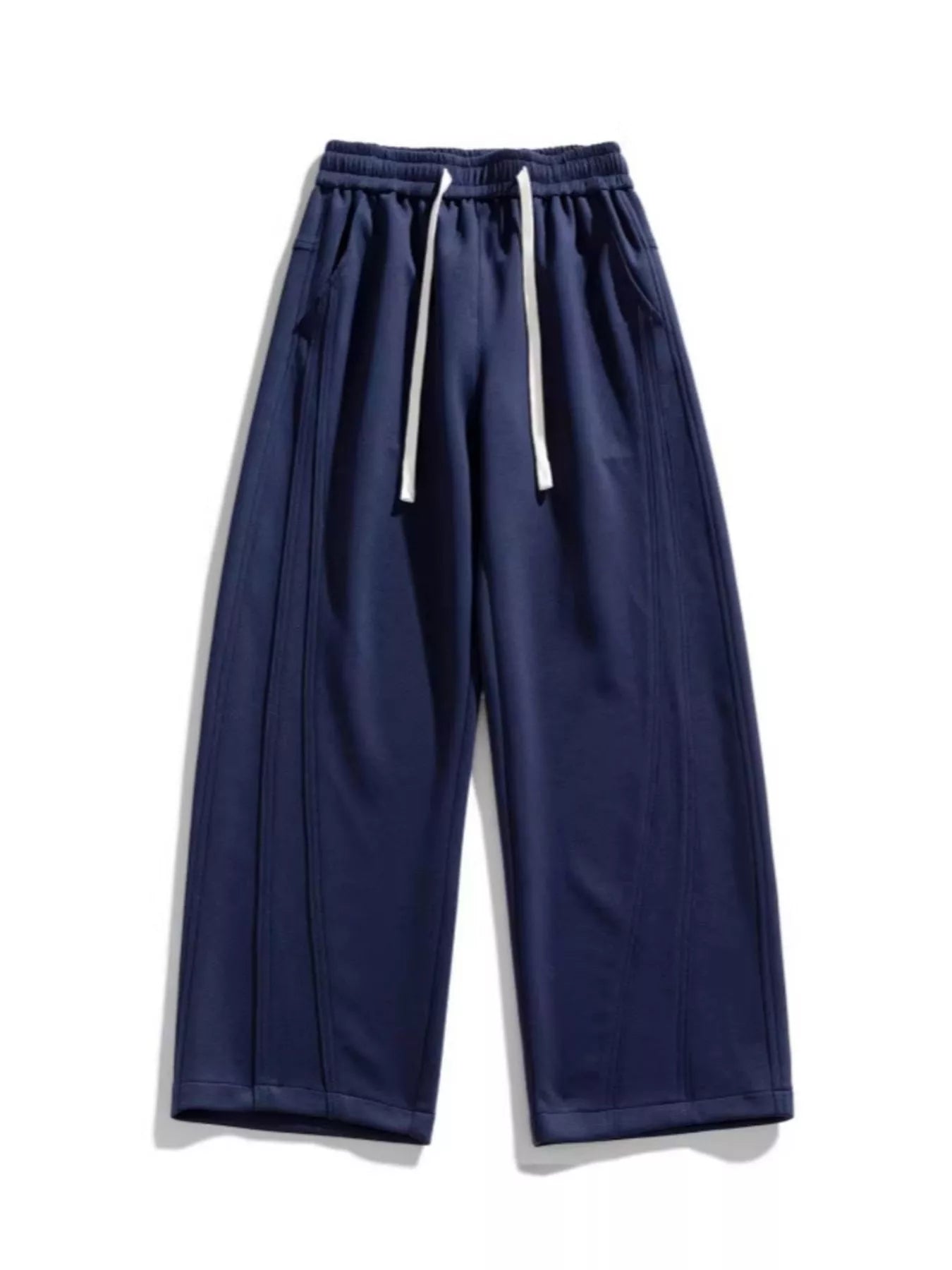 Men's navy blue loose-fit wide-leg pants with a drawstring waist and pockets.