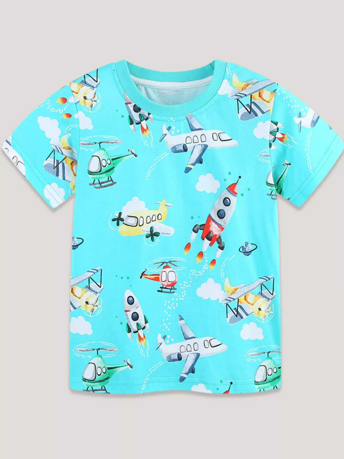 Front view of the aqua children's crew neck t-shirt with all-over airplanes rockets helicopters and clouds