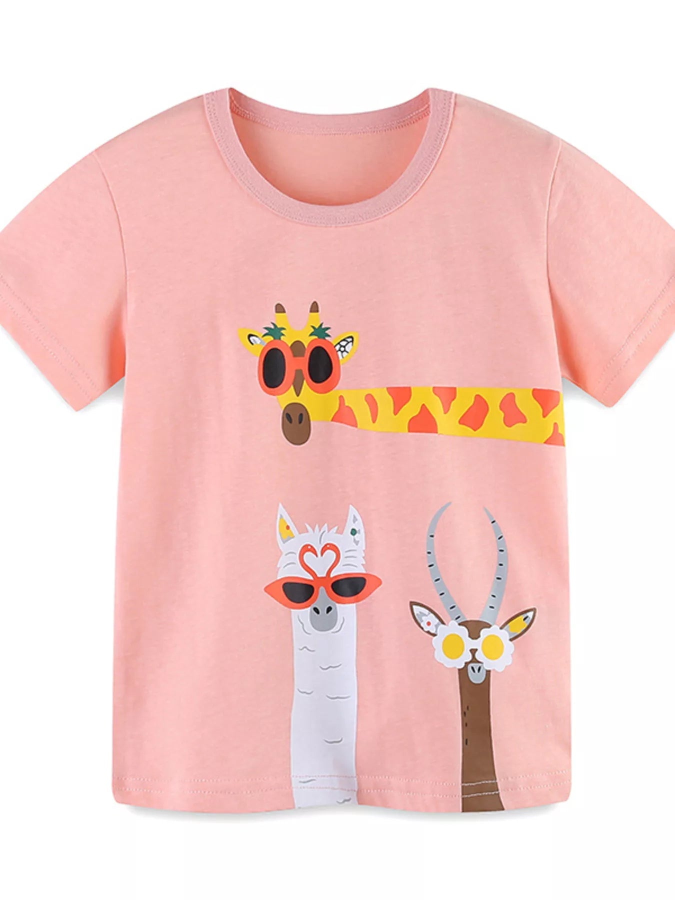 Flat lay front view of pale blush children's t-shirt with giraffe llama and antelope cartoon prints